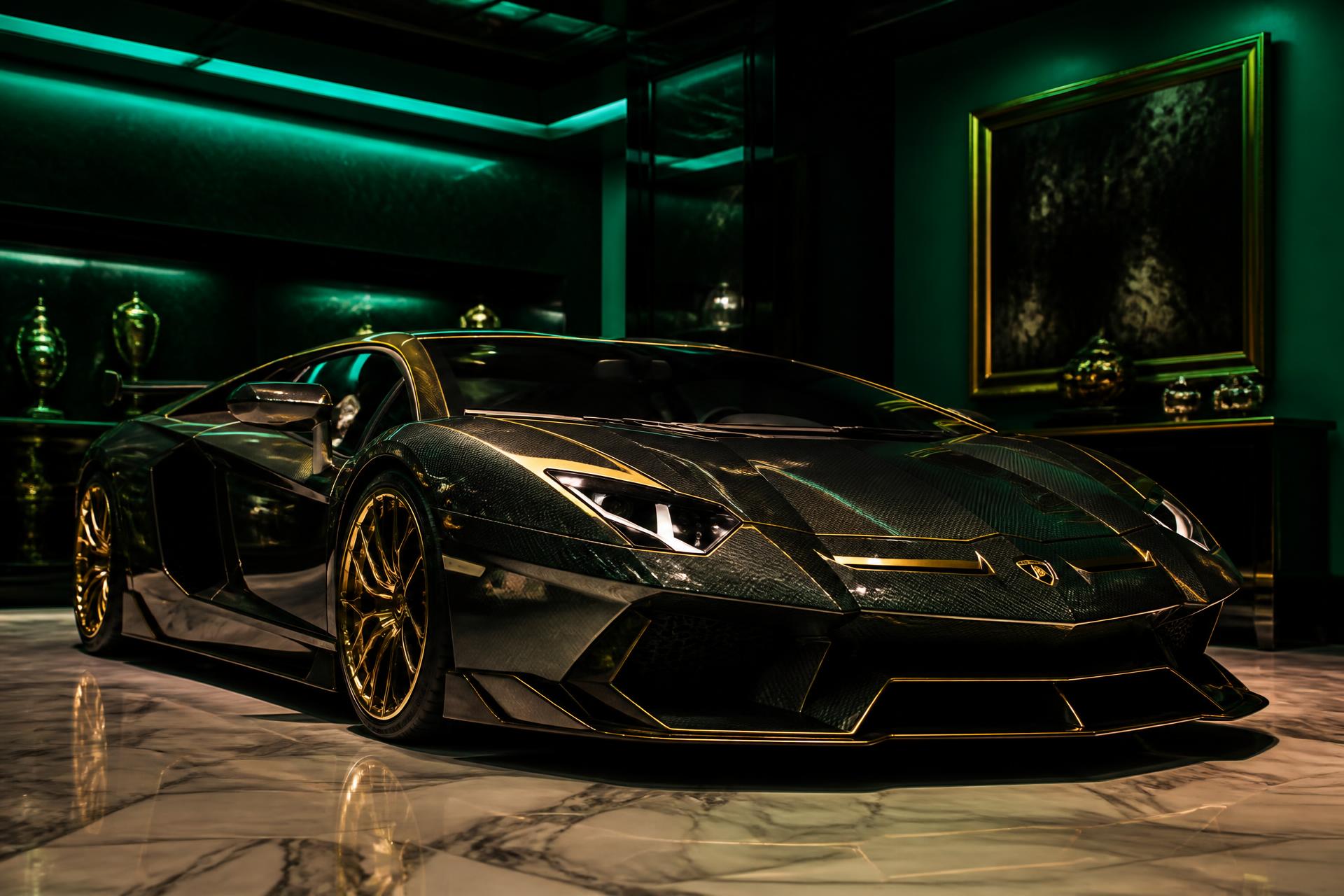 Emerald and gold hypercar in a private showroom